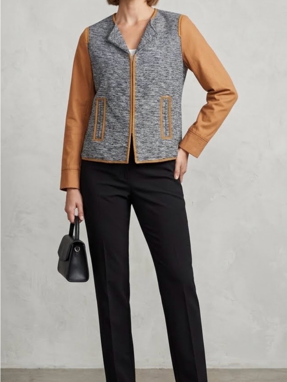 Doncaster Collection Leather & Silk Tweed Collarless Jacket. Size 6